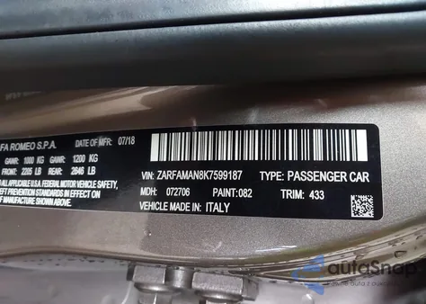 2019 Alfa Romeo Giulia z USA, uszkodzony, nr VIN ZARFAMAN8K7599187